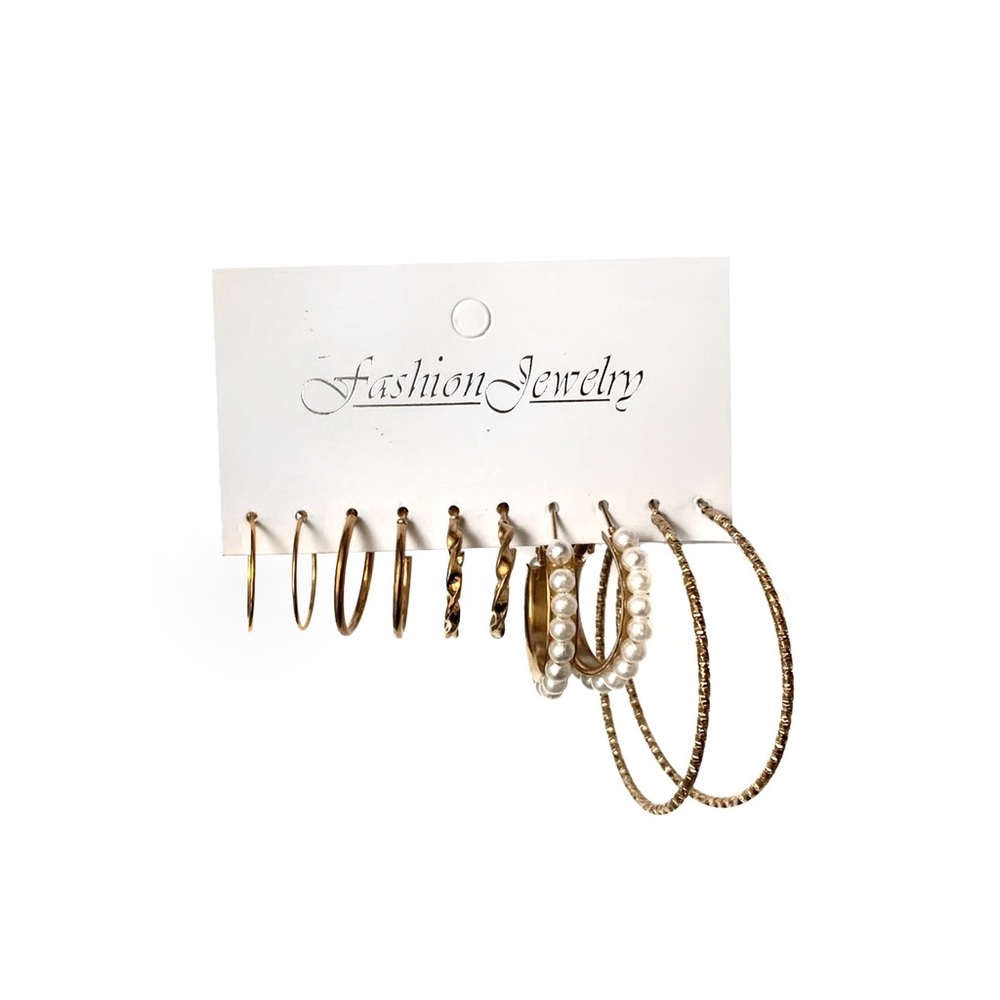 Boutique Set of 5 Pairs of Gold and Pearl Fashion Earrings with Dangling Hoops